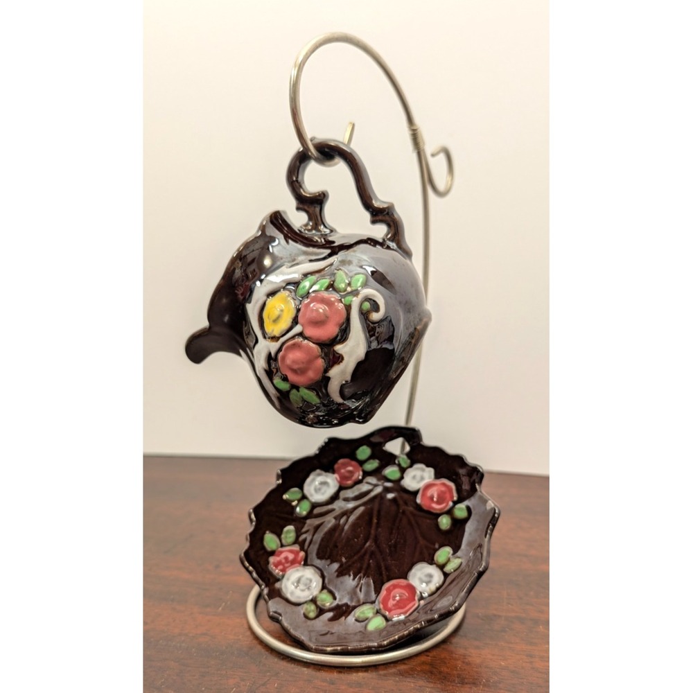 Vintage Occupied Japan Brown Floral Creamer & Saucer Set Hand Painted Pottery
